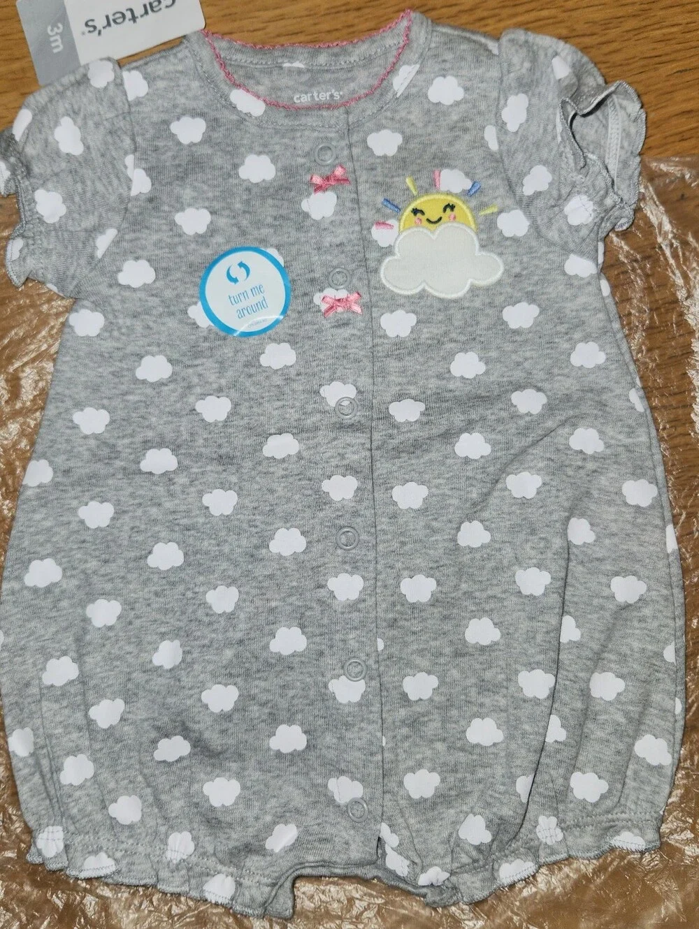 NWT Carter's Gray Cloud Romper with Clouds, Sun, & Rainbow Applique 3M
